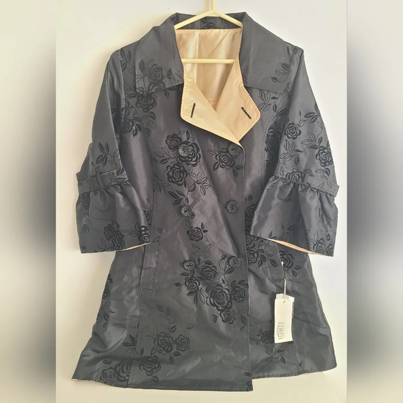 LINDI Women's Size‎ Medium Reversible Rainjacket Coat Black/Beige Floral NWT - Picture 1 of 9